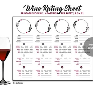 Heart Wine Rating Sheet - Wine Tasting - Wine Tasting Notes - Wine Tasting Party - Wine Rating - Wine Score Cards - Printable - Download