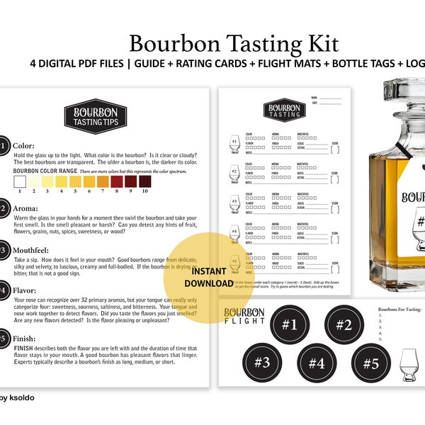 Bourbon Tasting Kit - Guide - Scorecards - Flight Mat - Bottle Number Tags Bourbon Tasting Notes - Bourbon Tasting - Bourbon - Printable