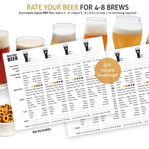 Peut inclure: Cartes de dégustation de bière imprimables avec une échelle de notation de 1 à 10 pour différents aspects de la bière, tels que l'arôme, l'apparence, la saveur et la sensation. Les cartes de notation sont numérotées de 1 à 8, et le texte "Rate Your Beer" est en haut de la page. Le texte "DIY instant download" est également inclus.
