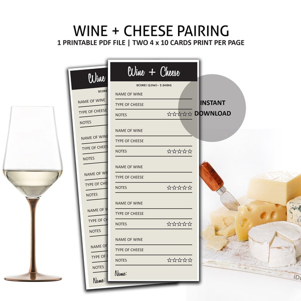 Wine and Cheese Pairing Scorecards - Wine Tasting Party -Wine -Cheese Tasting -Wine Party -Wine and Cheese -Wine Pairing -Wine Bridal Shower