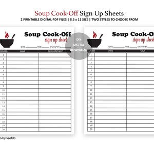 SOUP COOK OFF Sign Up Sheets - Soup Cook Off Sign Up - Soup Cook-Off - Soup Cook Off - Soup Competition - Sign Up Sheet - Soup - Printable
