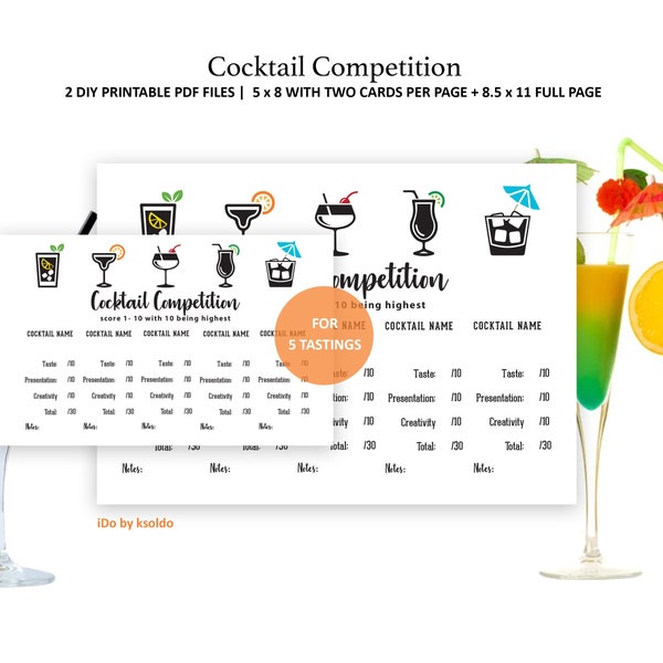 Cocktail Competition for 5 Tastings - Cocktail Competition - Cocktail Score Card - Cocktail Tasting - Cocktail Contest - Cocktail Party Game