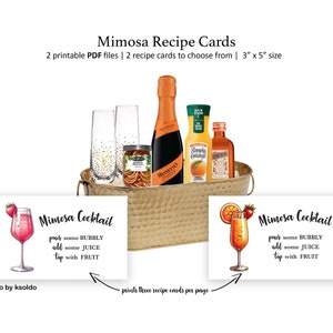 3 x 5 biglietti per ricette cocktail MIMOSA - 2 tipi: arancia e fragola -Ricette bevande Mimosa - Ricette Mimosa - Mimosa -Ricette cocktail -Stampa