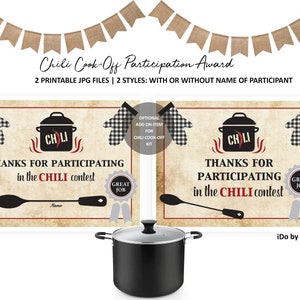 Chili Cook-Off PARTICIPATION AWARD CERTIFICATES - Chili Cook Off Certificate - Chili Competition-Chili Contest -Chili Printable -Chili Award