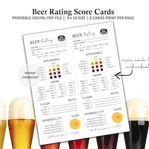 Cartão de pontuação de degustação de cerveja - Cartão de pontuação de cerveja - Classificação de cerveja - Degustação de cerveja - Pontuação de cerveja - Cerveja - Notas de cerveja - Folha - Cartão de pontuação - Para impressão