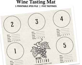 Può includere: Tappetino per la degustazione del vino stampabile con cinque cerchi per valutare il vino su una scala da 1 a 5. Ogni cerchio ha spazio per scrivere il nome del vino, l'aroma, il gusto, il finale e la valutazione. Il tappetino presenta anche un'illustrazione di vite e il testo "Degustazione di vino".