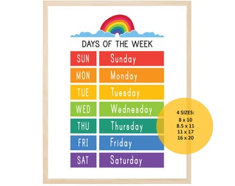 DAYS of the WEEK Posters - Classroom - Homeschool - Preschool - Calendar Time - Calendar - Learning - Educational - Chart - Sign - Print