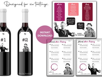 May include: A printable blind wine tasting kit with four digital PDF files. The kit includes two types of scorecards, bottle tags, and a wine varietals mat. The kit is designed for six tastings. The image shows two wine bottles with tags labeled #1 and #2. The image also shows a scorecard with the text "Blind Wine Tasting".