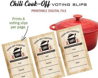 May include: Printable voting slips for a chili cook-off contest. The slips feature a black and white illustration of a pot of chili with flames. The text "COOK-OFF CONTEST" and "VOTE FOR YOUR FAVORITE" are printed on the slips. The slips are designed to be printed 6 per page.
