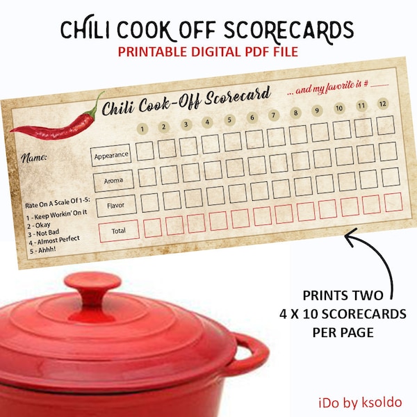 Chili Cook Off Scorecards -  Chili Score Cards - Chili - Rating Sheet - Chili Contest - Annual Chili Cook Off - Printable - Instant Download