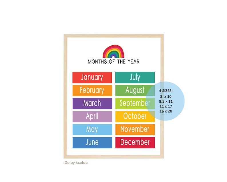 May include: A colorful chart with the months of the year listed in two columns. The chart is decorated with a rainbow and the text "MONTHS OF THE YEAR". The chart also includes the text "4 SIZES: 8 x 10, 8.5 x 11, 11 x 17, 16 x 20".