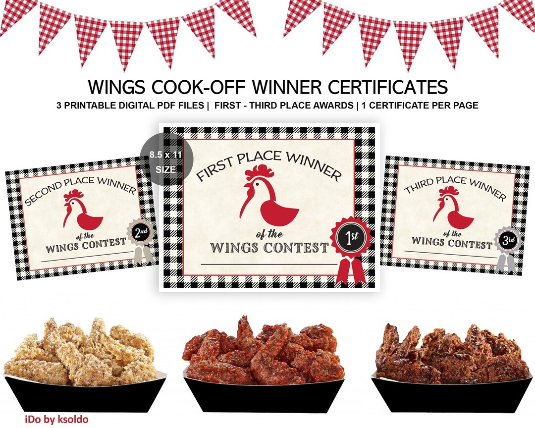 WINGS COOK OFF First Second and Third Prize Certificates Etsy
