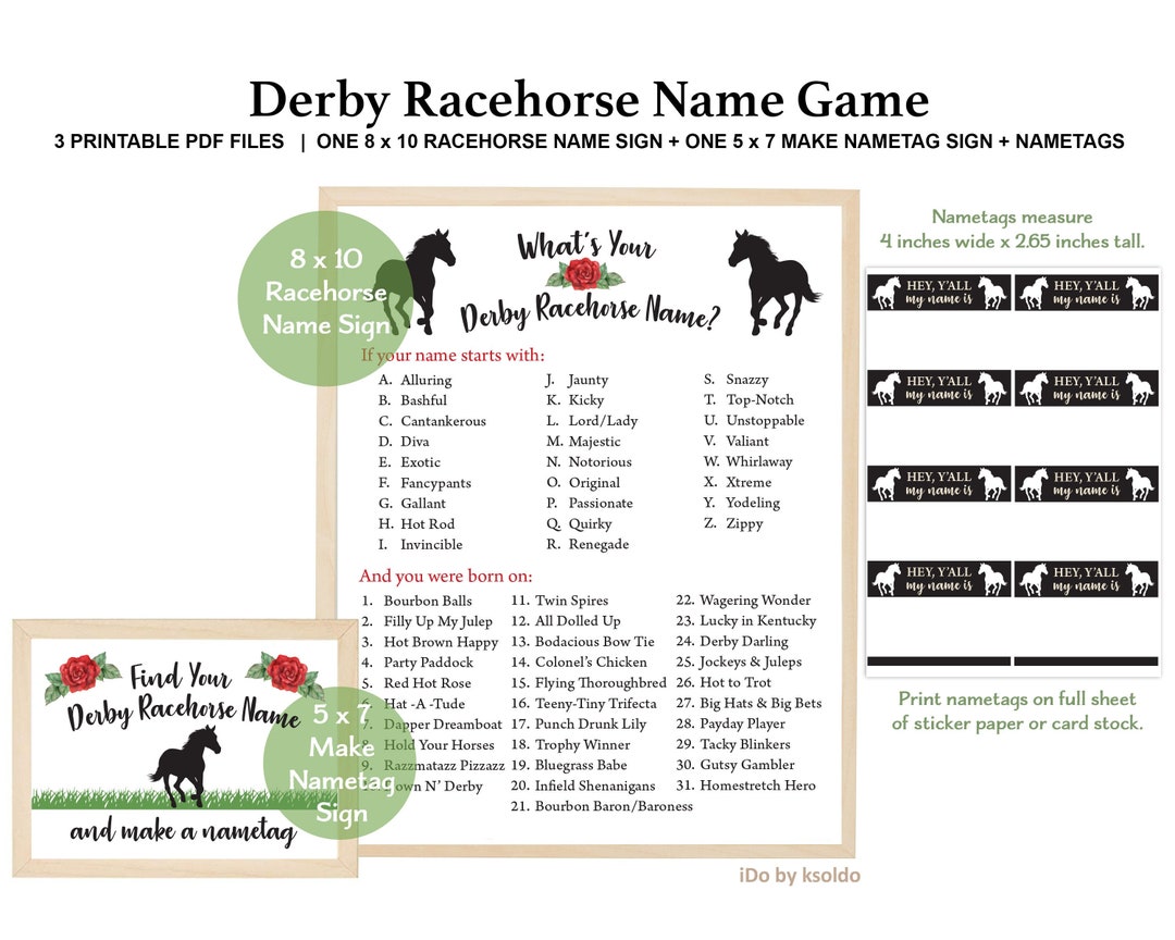 What's Your Derby Racehorse Name Racehorse Name Game With Name Tags & 2