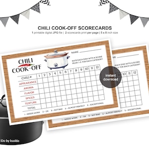 May include: Chili cook-off scorecards with a wooden frame design. The scorecards have spaces to rate chili on appearance, aroma, flavor, spices, and texture. The image includes a slow cooker illustration and text that reads "Chili Cook-Off".