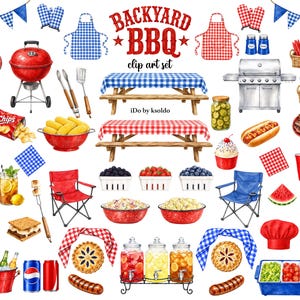 Op de afbeelding: Een digitale clip art set getiteld BACKYARD BBQ met aquarelillustraties van een rode kogelbarbecue, gasbarbecue, picknicktafels, klapstoelen, etenswaren, drankjes en rood-blauwe vichy-ruitpatronen.