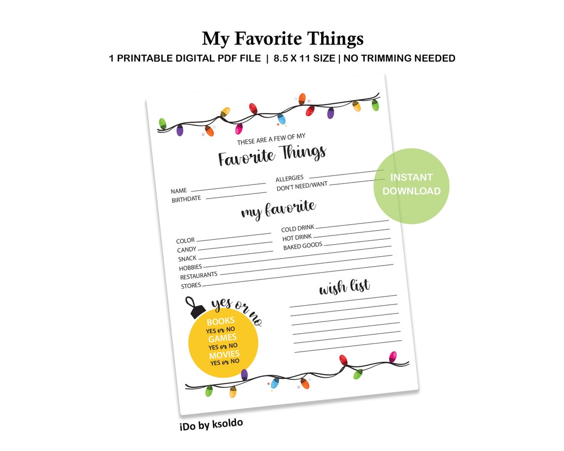 My Favorite Things Questionnaire Gift Exchange Gift Swap Etsy