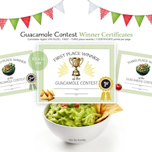 Könnte beinhalten: Drei druckbare Zertifikate für einen Guacamole-Wettbewerb. Die Zertifikate sind grün mit goldenen Akzenten und zeigen eine Trophäe, eine Schüssel Guacamole und die Worte "Erster Platz", "Zweiter Platz" und "Dritter Platz".