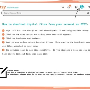 K&ouml;nnte beinhalten: Ein Screenshot einer Webseite mit Anweisungen zum Herunterladen digitaler Dateien von einem Etsy-Konto. Die Anweisungen sind nummeriert und beinhalten einen Hinweis, dass digitale K&auml;ufe nicht &uuml;ber die Etsy-App heruntergeladen werden k&ouml;nnen.