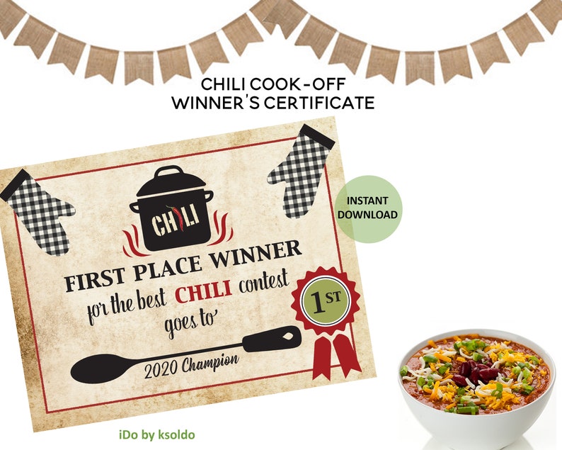Chili Cook Off First Prize Certificate Chili Cook Off Winner Etsy
