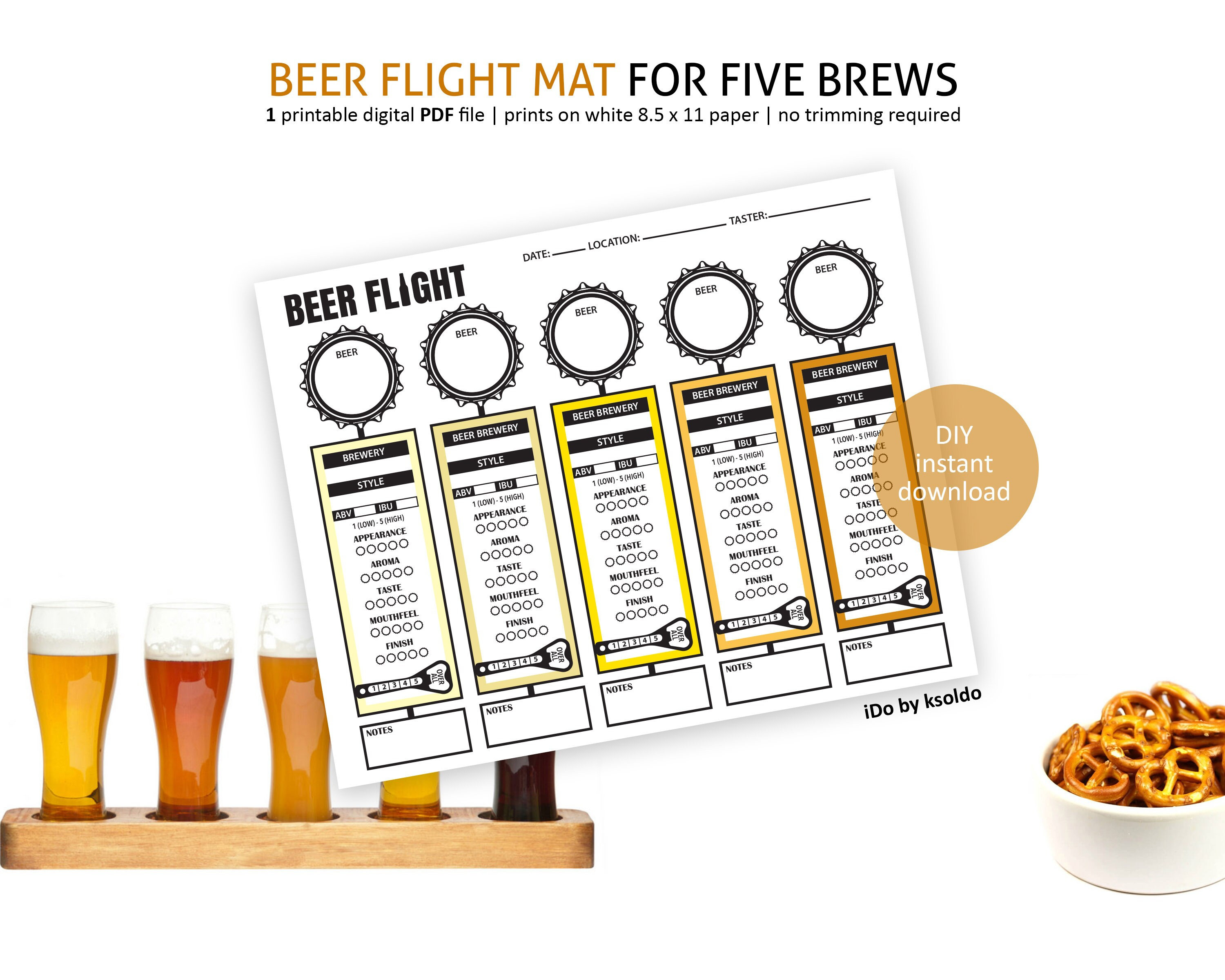 Tappetino per degustazione birra per 5+ birre - Degustazione birra - Scheda punteggio birra - Note sulla birra - Valutazione birra - Degustazione birr