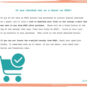 May include: A peach-colored bordered image with text explaining how to download digital files on Etsy as a guest. A teal shopping cart icon with a checkmark is in the lower left corner.