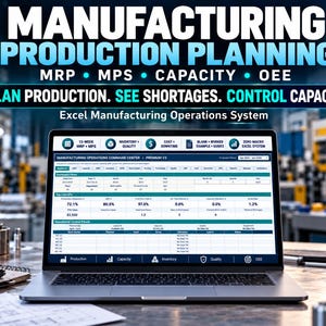 Pode incluir: Um portátil exibindo um painel Manufacturing Operations Command Center com o texto MANUFACTURING PRODUCTION PLANNING, MRP, MPS, CAPACITY, OEE, PLAN PRODUCTION. SEE SHORTAGES. CONTROL CAPACITY. Excel Manufacturing Operations System.