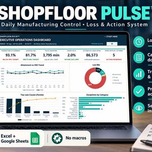 Puede incluir: Una pantalla de portátil que muestra el panel de control Shopfloor Pulse con métricas de fabricación, incluyendo alcance de producción, OEE, tiempo de inactividad y tasas de desperdicio. La interfaz presenta gráficos y una barra lateral con tareas operativas como registrar turnos y rastrear desperdicios. Iconos de Excel y Google Sheets visibles.