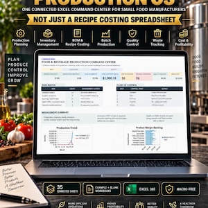May include: A laptop displaying the Food & Beverage Production OS command center, featuring data tables for production planning, inventory management, and product margin ranking. The screen shows metrics like production today, risk watch, and flow of control.