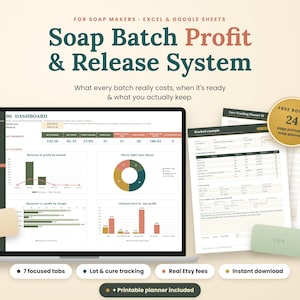 Puede incluir: Un panel digital titulado Soap Batch Profit & Release System para Excel y Google Sheets, que muestra gráficos financieros, datos de ingresos y seguimiento de inventario. Incluye un planificador de jabón imprimible de 24 páginas.