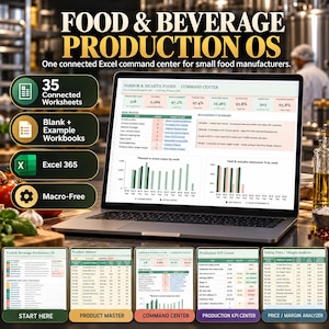 May include: A laptop displaying a Food & Beverage Production OS Excel command centre for small food manufacturers. The screen shows data tables, charts, and risk watch metrics. Five smaller thumbnails below show additional spreadsheet tabs.