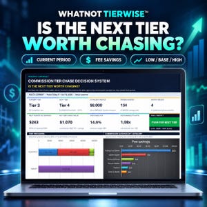 May include: A laptop screen displaying the Whatnot Tierwise Commission Tier Chase Decision System. The dashboard features data tables, a tier progress bar, and a fee savings bar chart, with a final verdict box stating PUSH FOR NEXT TIER.