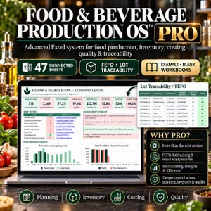 May include: A laptop screen displaying the Food & Beverage Production OS Pro dashboard, featuring a Harbor & Hearth Foods command center, performance charts, and a lot traceability table with FEFO data for inventory management.