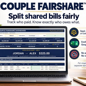 Puede incluir: Una pantalla de ordenador portátil que muestra el panel de control Couple Fairshare, una herramienta digital para el seguimiento de gastos compartidos. La interfaz muestra datos financieros, métodos de división y detalles de liquidación.