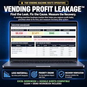 Könnte beinhalten: Ein Laptop-Bildschirm zeigt das Executive Dashboard Vending Profit Leakage für Betreiber von Verkaufsautomaten. Die Benutzeroberfläche enthält Datentabellen für geschätzte Leckagen, wiederherstellbare Beträge, verifizierte Wiederherstellungen und aktive Lecks sowie Textbeschriftungen für Verlust-Wasserfall, Prioritäts-Engine und Wiederherstellungsüberprüfung.