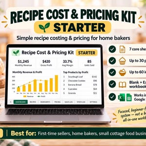 May include: A digital recipe cost and pricing kit starter displayed on a laptop screen. The interface shows monthly revenue, gross profit, and a bar chart of top products. A sidebar lists features including seven core sheets and software compatibility.