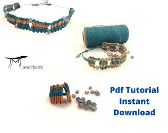 Set jewelry macrame tutorial, pattern PDF ring, bracelet, necklace, beaded knotted diy kits english italian text instant download