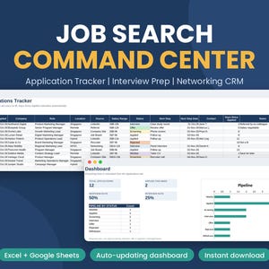 May include: A digital job search command center template featuring an applications tracker spreadsheet and a dashboard with performance metrics, pipeline charts, and status summaries for Excel and Google Sheets.