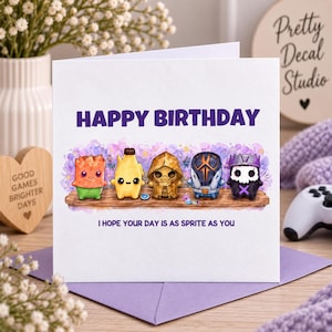 Puede incluir: Una tarjeta de felicitación cuadrada blanca con el texto HAPPY BIRTHDAY en la parte superior y I HOPE YOUR DAY IS AS SPRITE AS YOU en la parte inferior. El centro presenta una ilustración colorida de cinco personajes estilizados.