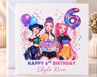 Personalised K-Pop Birthday Card, Demon Hunters, Rainbow Balloons
