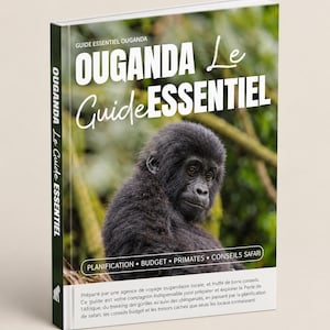 May include: A hardcover travel guidebook titled OUGANDA Le Guide ESSENTIEL featuring a photograph of a black gorilla on the front cover. The book includes text about planning, budget, primates, and safari tips, with a white spine and back cover.