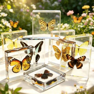May include: A collection of clear acrylic blocks, each containing a preserved butterfly specimen. The butterflies display various wing patterns and colours, including yellow, orange, black, and brown. The blocks are arranged in a stacked display.