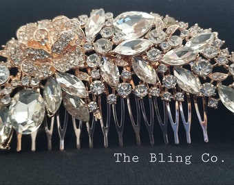 Champagne Rose Gold Crystal hair comb, Rhinestone Comb, Diamond Wedding Brides Jewelry Halo, Prom Crown  Headpiece Comb Crown, Bling