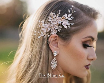 Champagne Rose Gold Crystal headpiece, Rhinestone Comb, Diamond Wedding Brides Jewelry Halo, Holiday Headpiece Crown, Handmade hair vine.