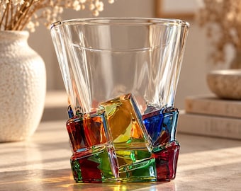 Bicchiere da whisky vintage con base scolpita e colorata, bicchiere unico per whisky e cocktail, accessorio da bar retrò, regalo perfetto per chi ospita o per un'inaugurazione di casa.
