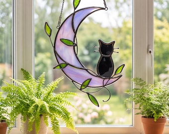 Glas-in-lood raamdecoratie met kat en maan, botanische decoratie voor aan het raam, speels cadeau voor kattenliefhebbers, hemelse woondecoratie