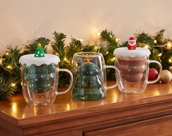 Double Wall Glass Christmas Tree Mug, Holiday Coffee Cup, Festive Winter Tea Mug, Christmas Drinkware Gift for Coffee Lovers