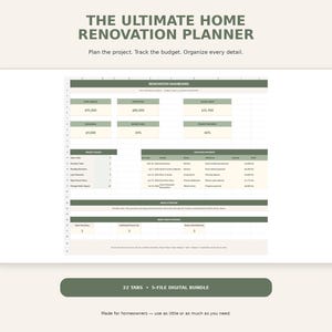 Può includere: Un foglio di calcolo digitale per la pianificazione di ristrutturazioni domestiche con una dashboard che mostra il budget totale, i costi effettivi, i fondi rimanenti e il monitoraggio del progetto. L'interfaccia usa intestazioni verde oliva e celle color crema con il testo THE ULTIMATE HOME RENOVATION PLANNER e 22 TABS 5-FILE DIGITAL BUNDLE.