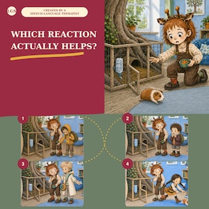 Op de afbeelding: Een educatieve poster getiteld WHICH REACTION ACTUALLY HELPS? met een grote illustratie van een kind met giraffenoren dat met een cavia omgaat, en vier genummerde panelen die verschillende sociale scenario's met andere kinderen tonen.