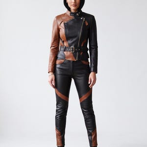 Two Tone Designer Leather Jacket & Pants Outfit  Modern Fashion