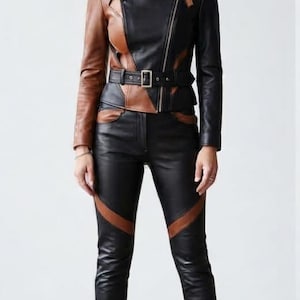Two Tone Designer Leather Jacket & Pants Outfit  Modern Fashion